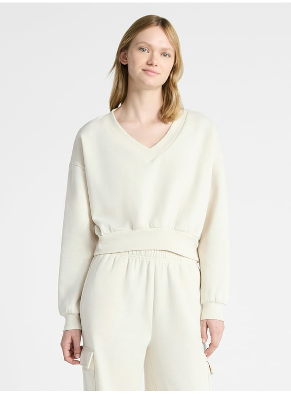 V-Neck Fleece Cropped Sweatshirt, Women's