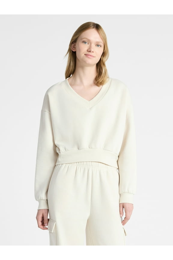 V-Neck Fleece Cropped Sweatshirt, Women's