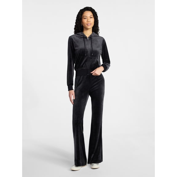 No Boundaries Velour Hoodie and Flare Pants Set, 2-Piece, Women’s