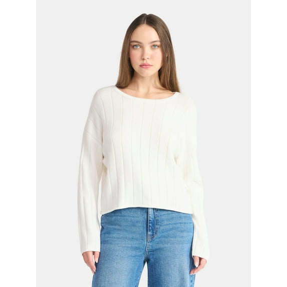No Boundaries Wide Ribbed Scoop Neck Sweater, Midweight, Women's