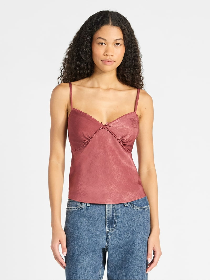 No Boundaries Woven Cami Top with Lace Trim and Bow, Women's