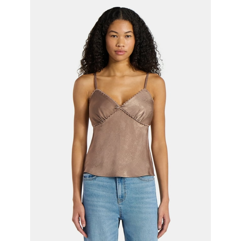 No Boundaries Woven Cami Top with Lace Trim and Bow, Women's