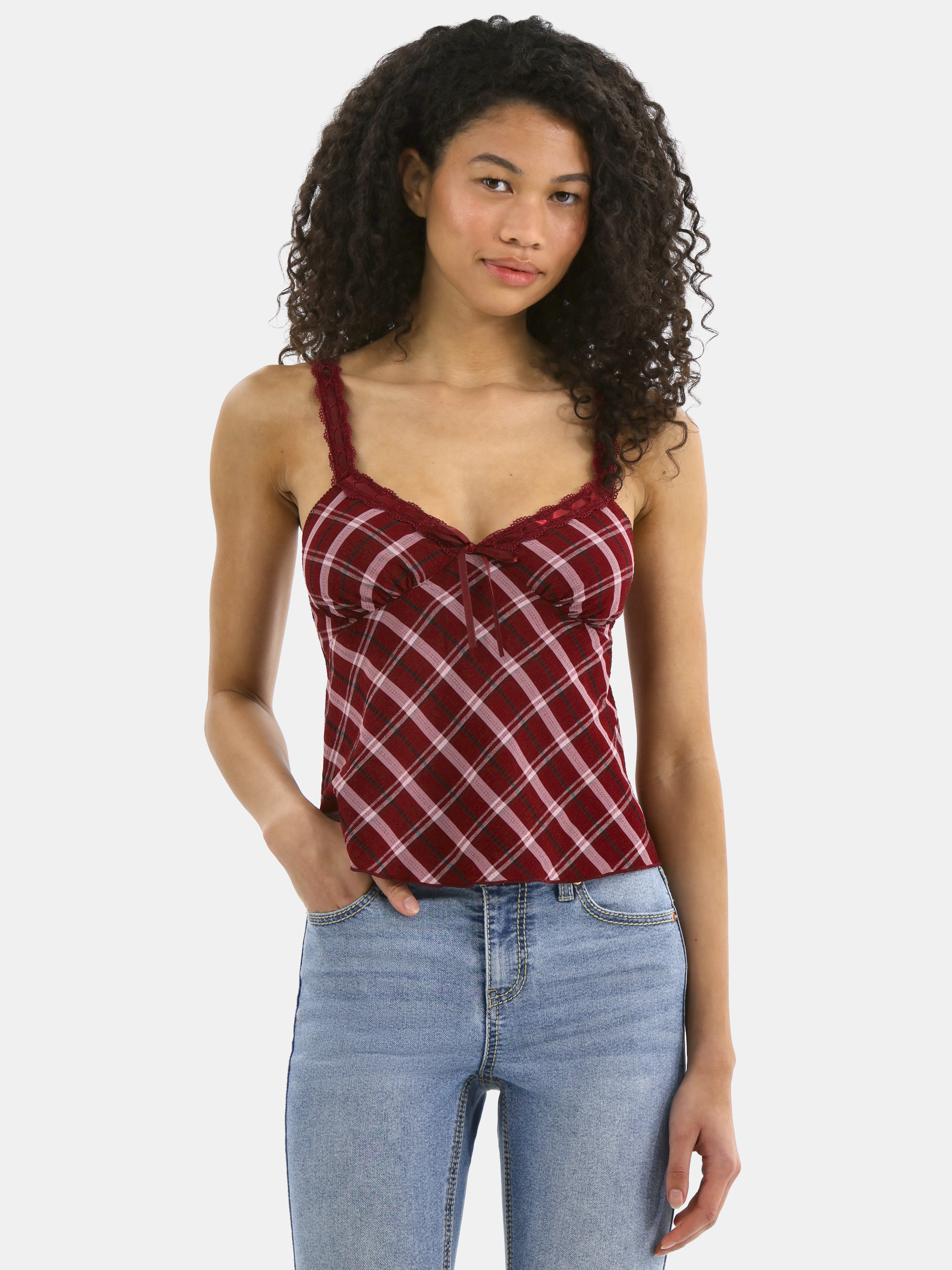 No Boundaries Woven Lace Plaid Cami, Women’s