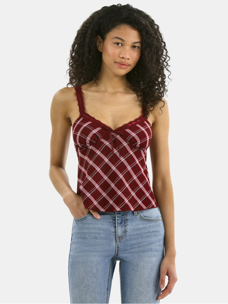 No Boundaries Woven Lace Plaid Cami, Women's - Walmart.com