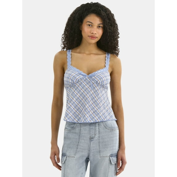 No Boundaries Woven Lace Plaid Cami, Women’s