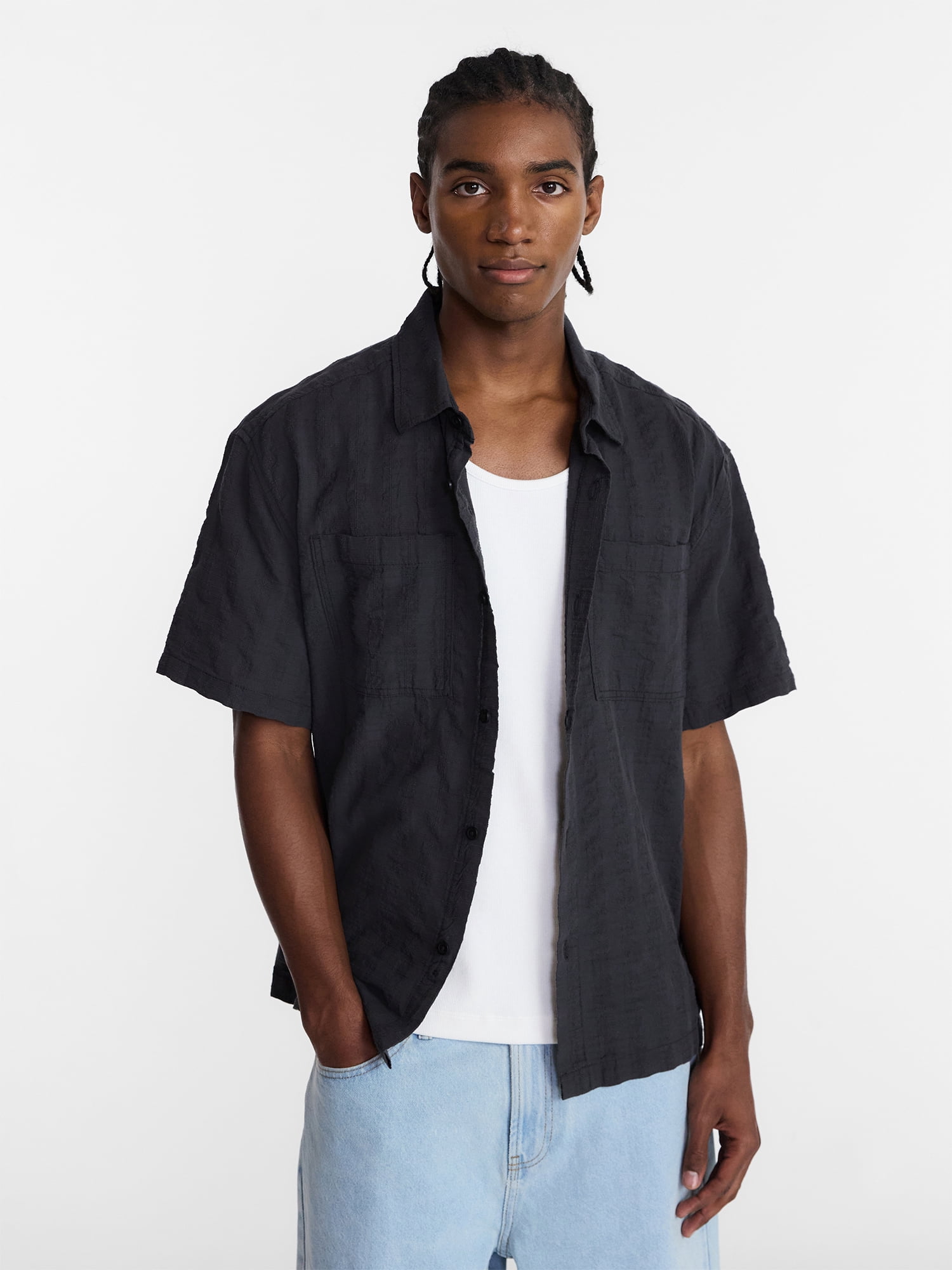 No Boundaries Textured Grid Boxy Fit Resort Shirt, Men's XS-5XL