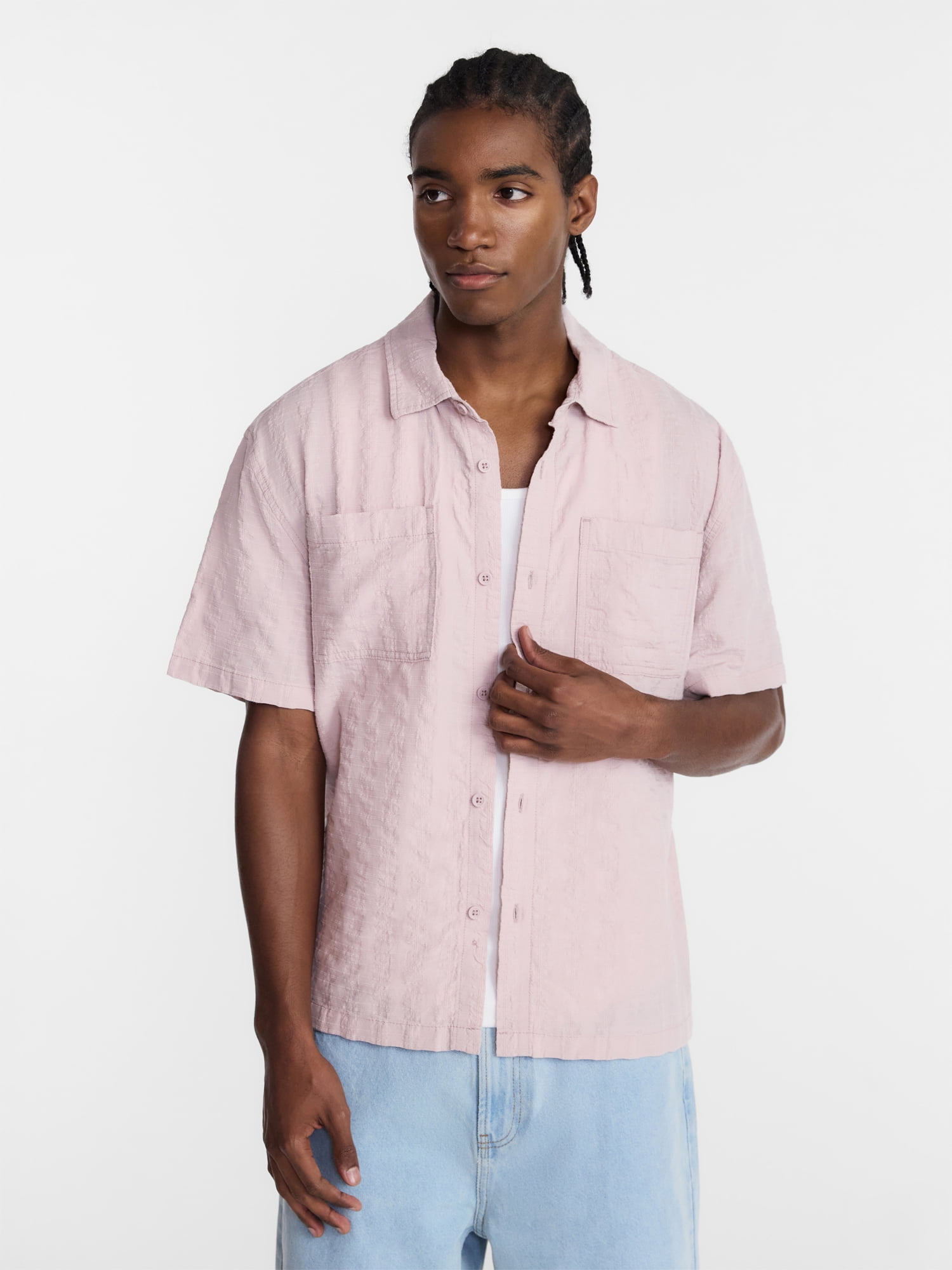No Boundaries Textured Grid Boxy Fit Resort Shirt, Men's XS-5XL