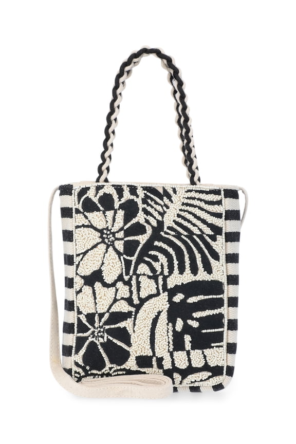 Women's Beaded Crossbody Tote Bag, Black/White