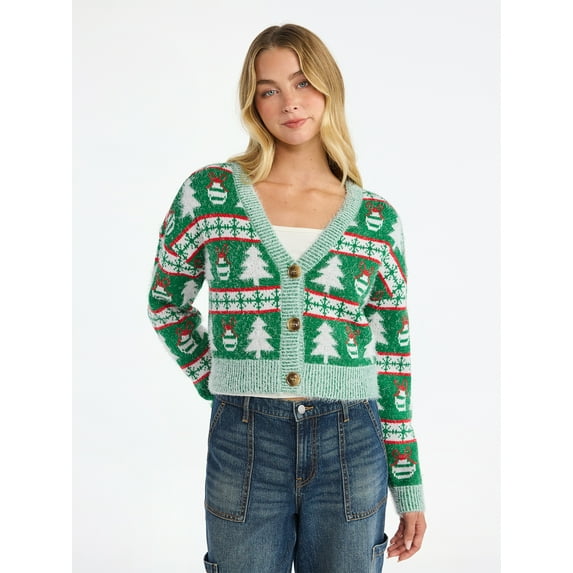 No Boundaries Embroidered Christmas Cardigan, Women's & Women's Plus