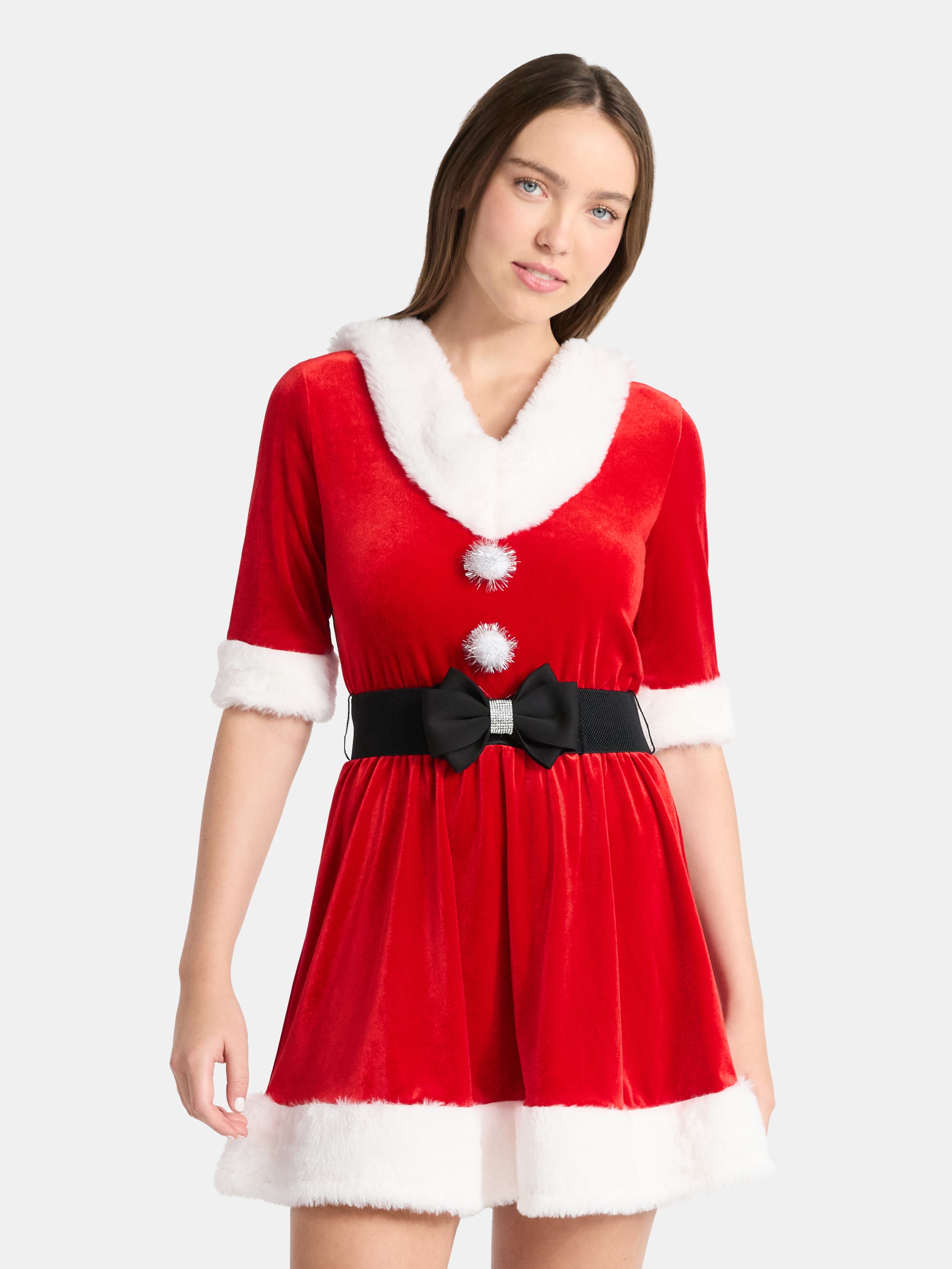 No Boundaries Christmas Santa Dress with Hood and Faux Fur, Women’s