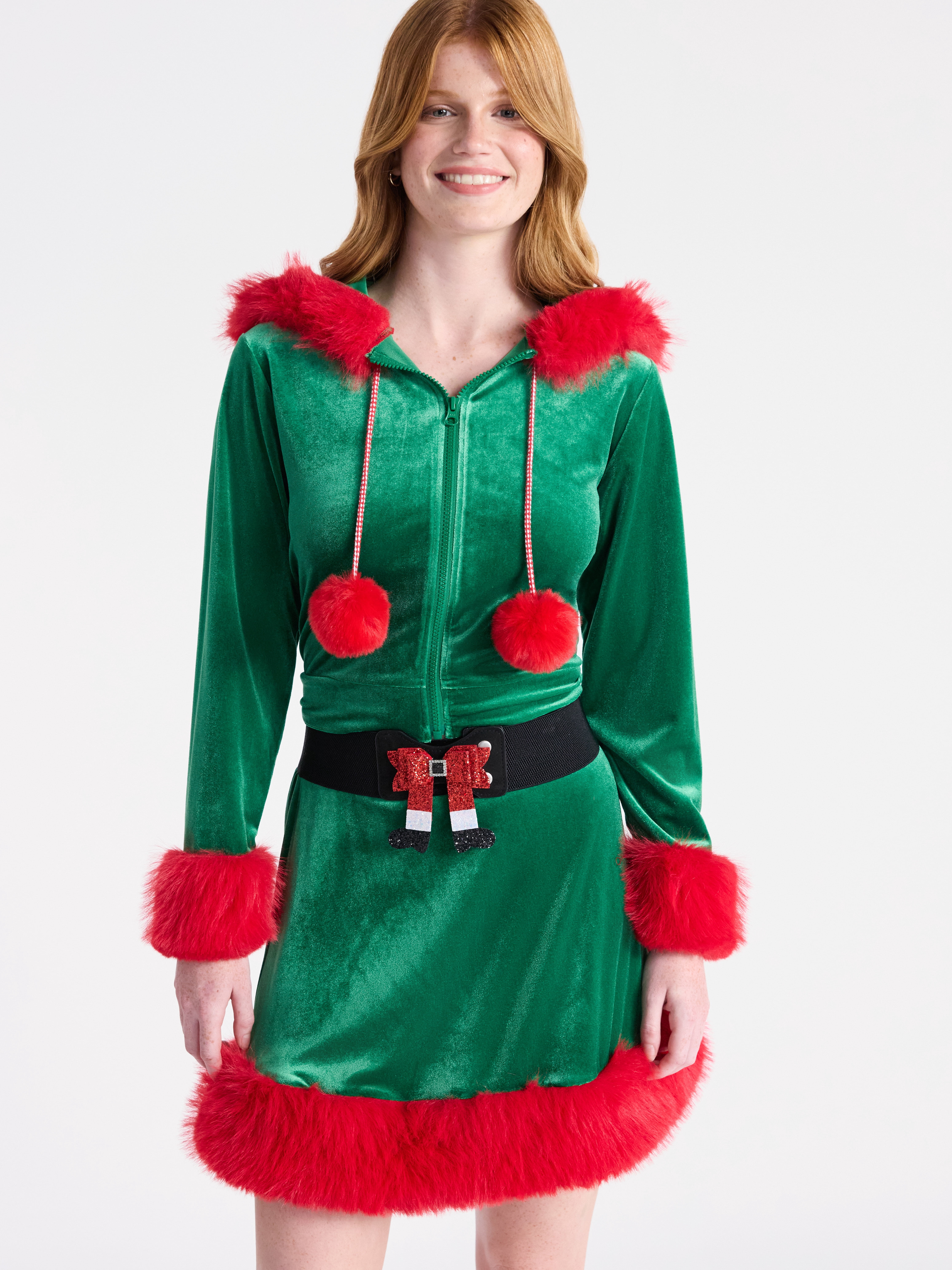 No Boundaries Christmas Velvet Hoodie and Skirt Set with Faux Fur, 2-Piece, Women’s