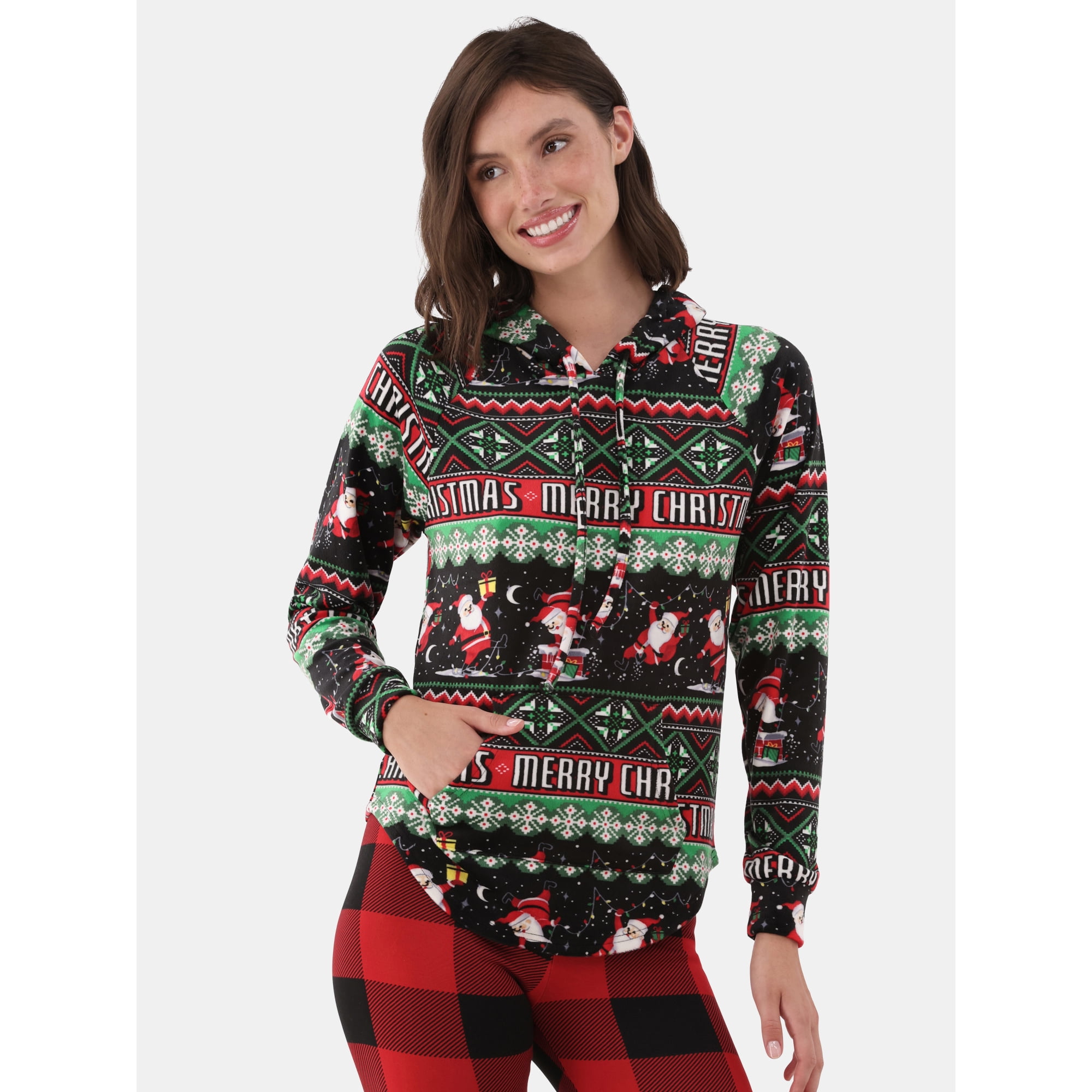 No Boundaries Plush Christmas Pullover Hoodie, Women's