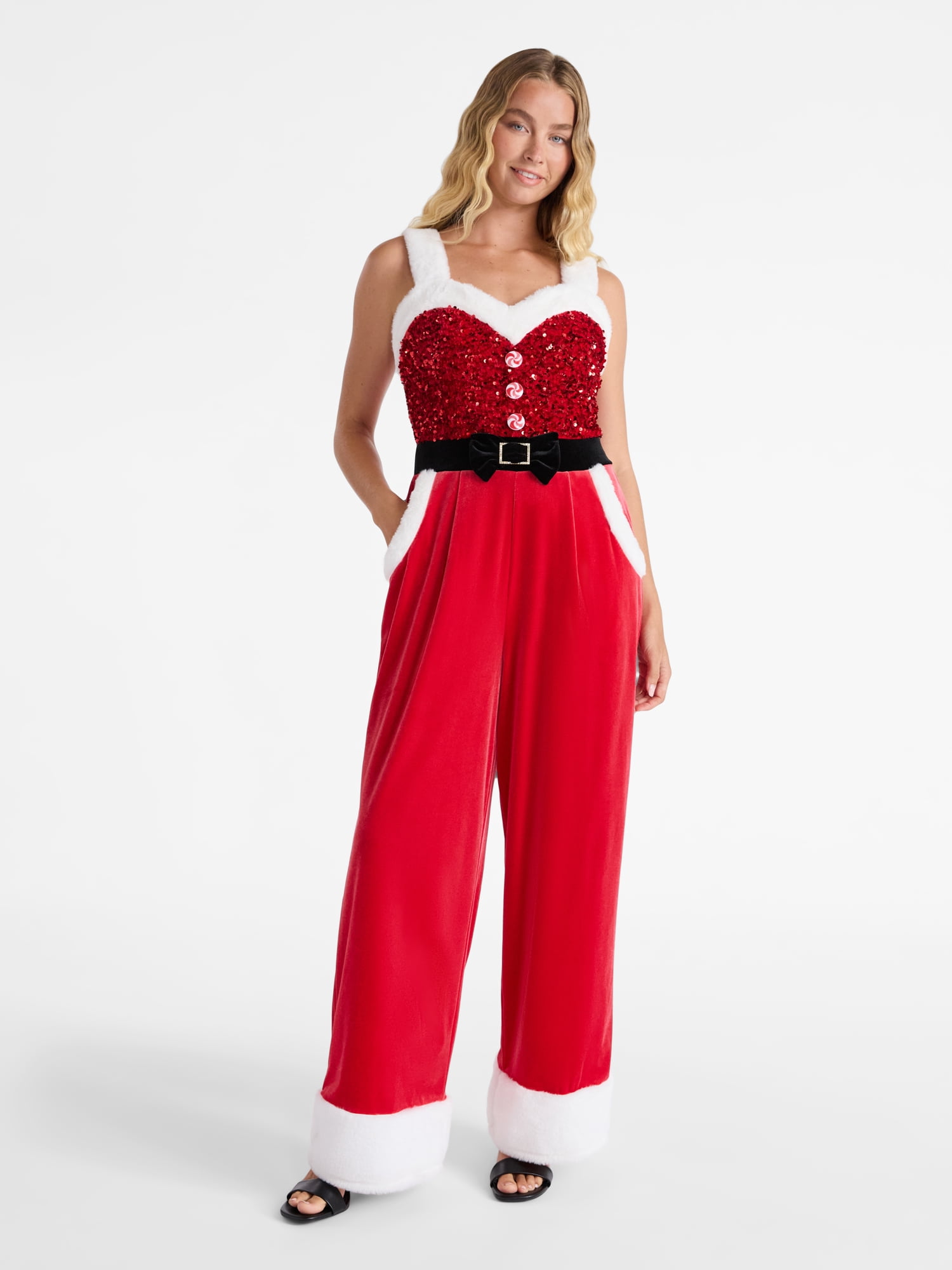 No Boundaries Santa Sequin Jumpsuit, Women’s