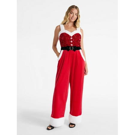 No Boundaries Santa Sequin Jumpsuit, Women’s