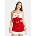 thumbnail image 1 of No Boundaries Christmas Santa Romper with Faux Fur Trim, Women’s, 1 of 5