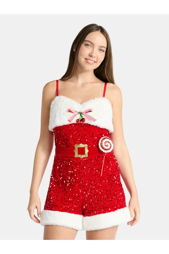 Christmas Santa Romper with Faux Fur Trim, Women’s