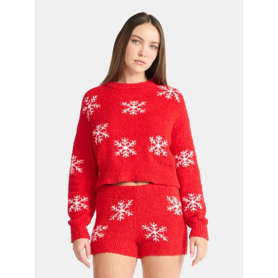 No Boundaries Christmas Plush Sweater and Shorts Set, 2-Piece, Women’s
