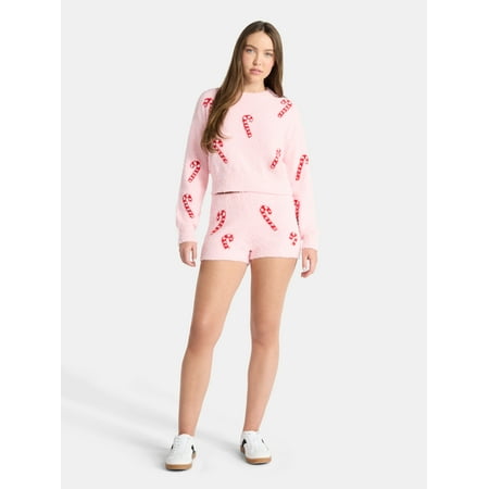 No Boundaries Christmas Plush Sweater and Shorts Set, 2-Piece, Women’s