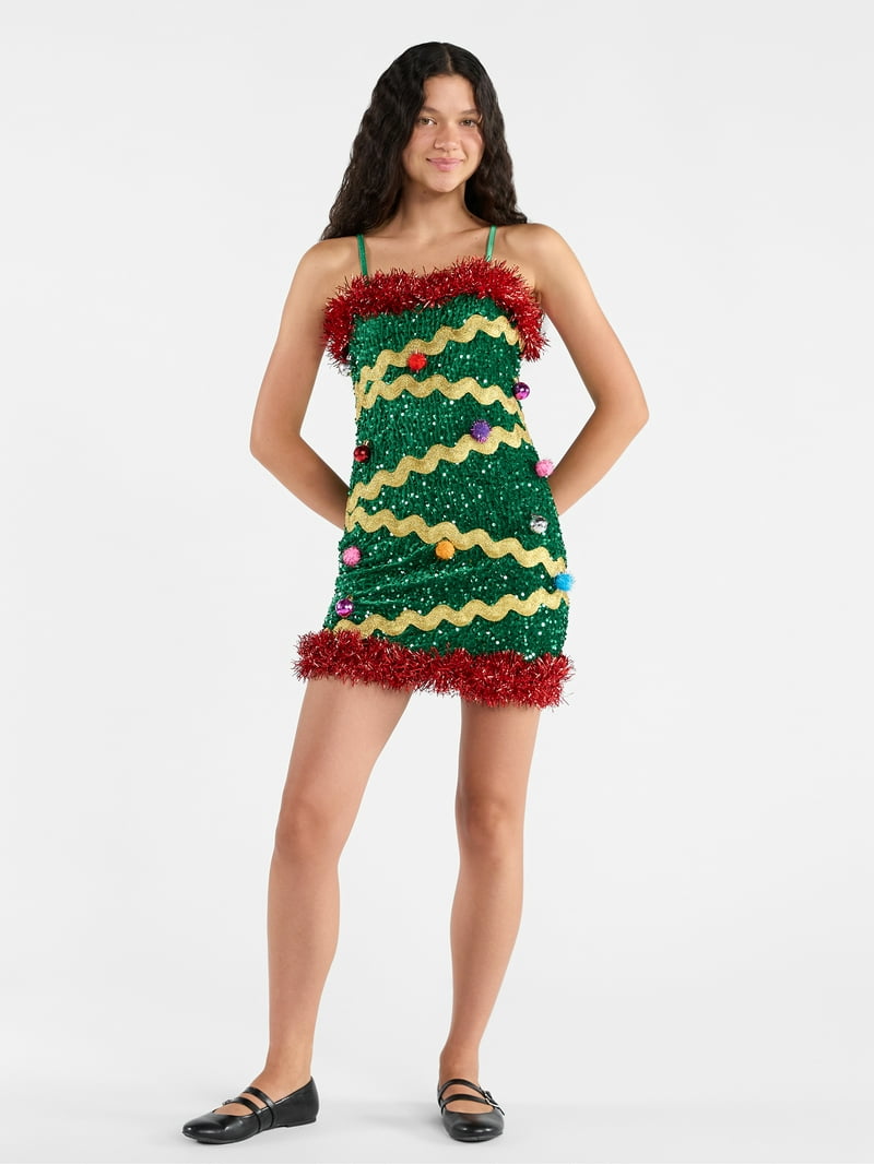 No Boundaries Christmas Tree Mini Dress, Women's - Walmart.com