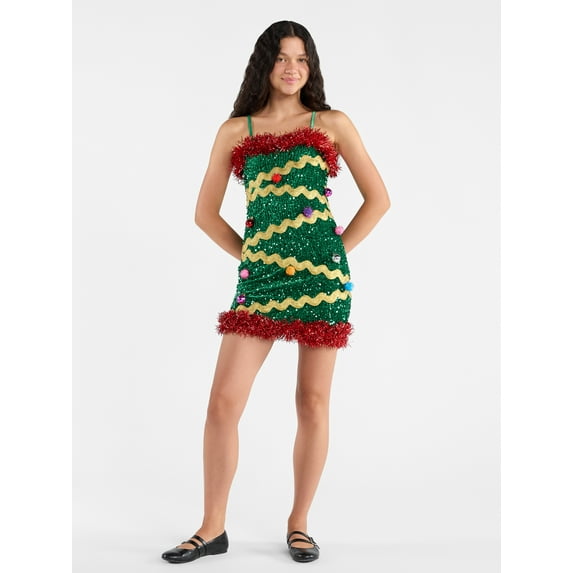 No Boundaries Christmas Tree Mini Dress, Women’s