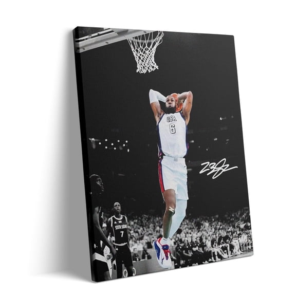 NBA Canvas Wall Art Decor - LeBron James Iconic Dunk for Team, Basketball Olympic Moment, Patriotic Sports Poster for Home or Game Room Wall Decoration 8X10 inch