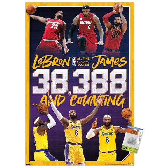 NBA League - LeBron James All-Time Scoring Leader Wall Poster with Push Pins, 22.375" x 34"