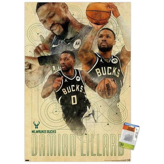 NBA Milwaukee Bucks - Damian Lillard 24 Wall Poster with Pushpins, 22.375" x 34"