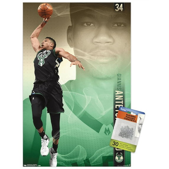 NBA Milwaukee Bucks - Giannis Antetokounmpo 17 Wall Poster with Push Pins, 14.725" x 22.375"