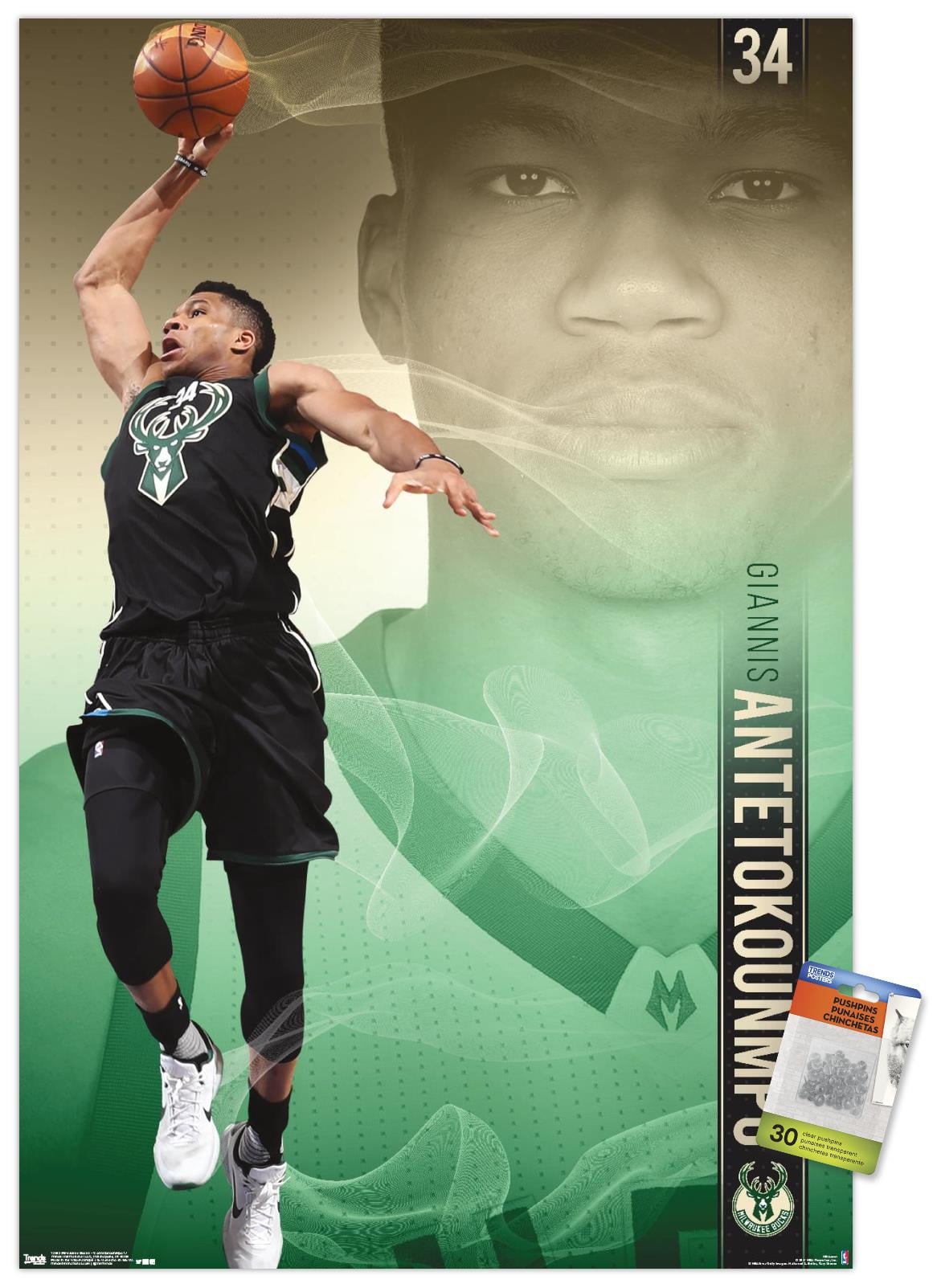 NBA Milwaukee Bucks - Giannis Antetokounmpo 17 Wall Poster with Push Pins, 22.375" x 34"