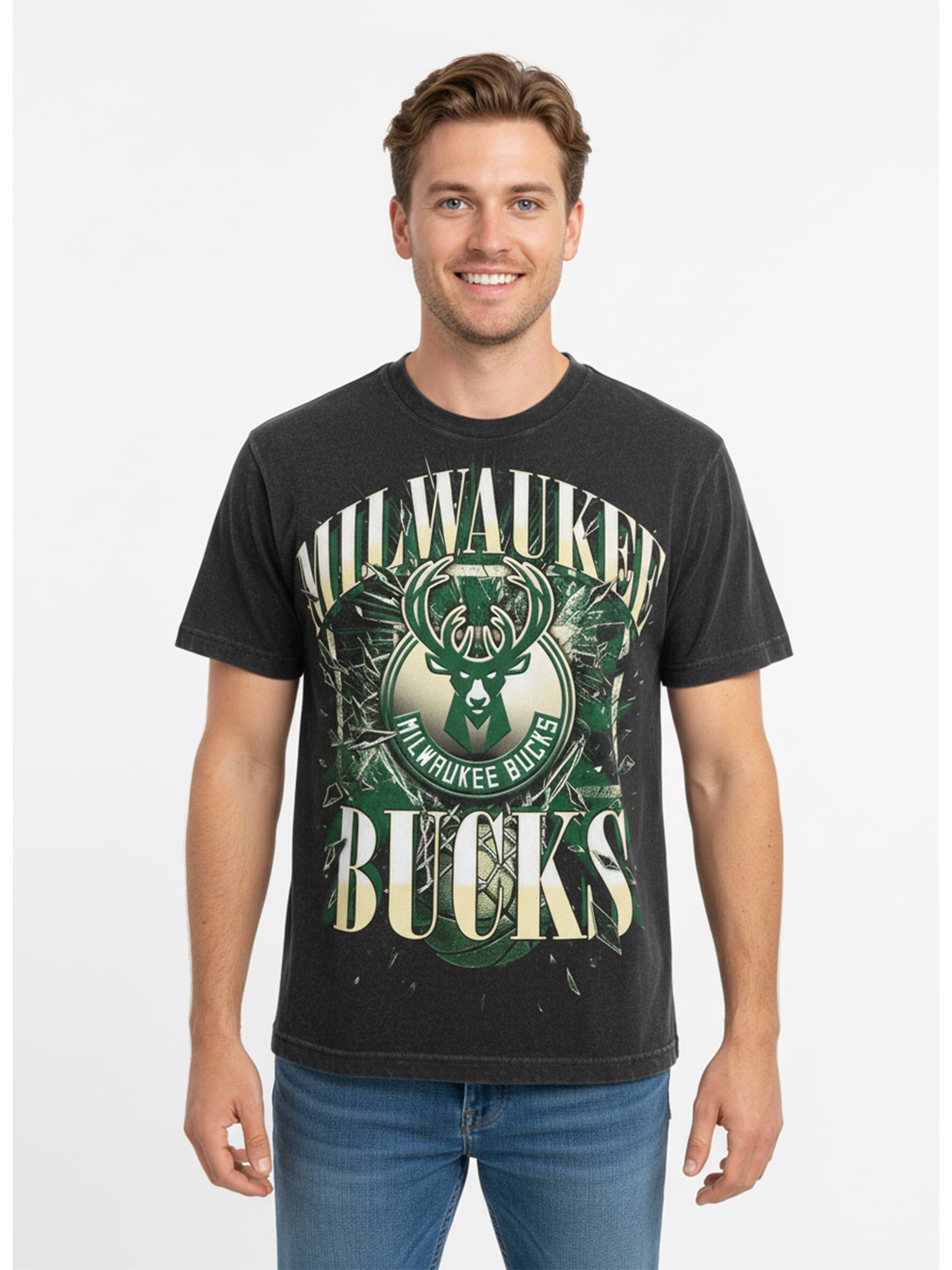 NBA Milwaukee Bucks Men's & Big Men's Front & Back Boxy Fit Mineral Wash Graphic T-Shirt, Sizes XS–4XLT, 2XB–5XB