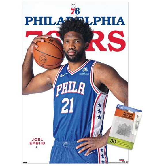 NBA Philadelphia 76ers - Joel Embiid Feature Series 23 Wall Poster with Push Pins, 14.725" x 22.375"