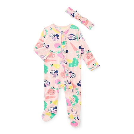 Disney Minnie Mouse Baby Girls Viscose Sleep Footed One-Piece with Bow Headband Set, 2-Piece, Sizes 0M–6/9M