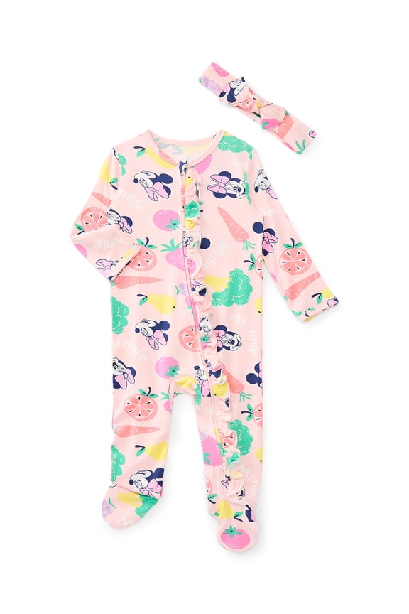 Disney Minnie Mouse Baby Girls Viscose Sleep Footed One-Piece with Bow Headband Set, 2-Piece, Sizes 0M–6/9M