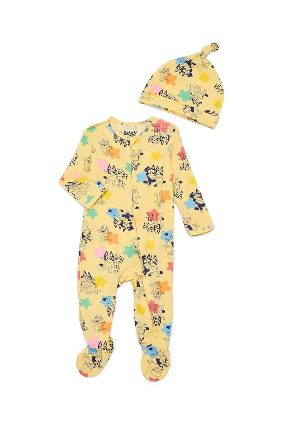 Bluey Baby Boys or Girls Viscose Sleep Footed One-Piece with Hat Set, 2-Piece, Sizes 0M–6/9M