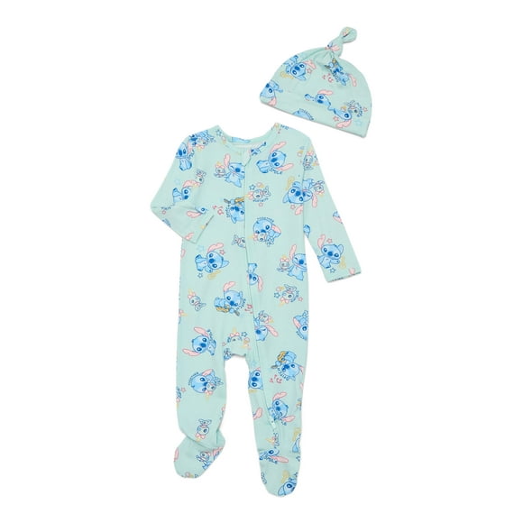 Disney Lilo and Stitch Baby Boys or Girls Viscose Sleep Footed One-Piece with Hat Set, 2-Piece, Sizes 0M–6/9M