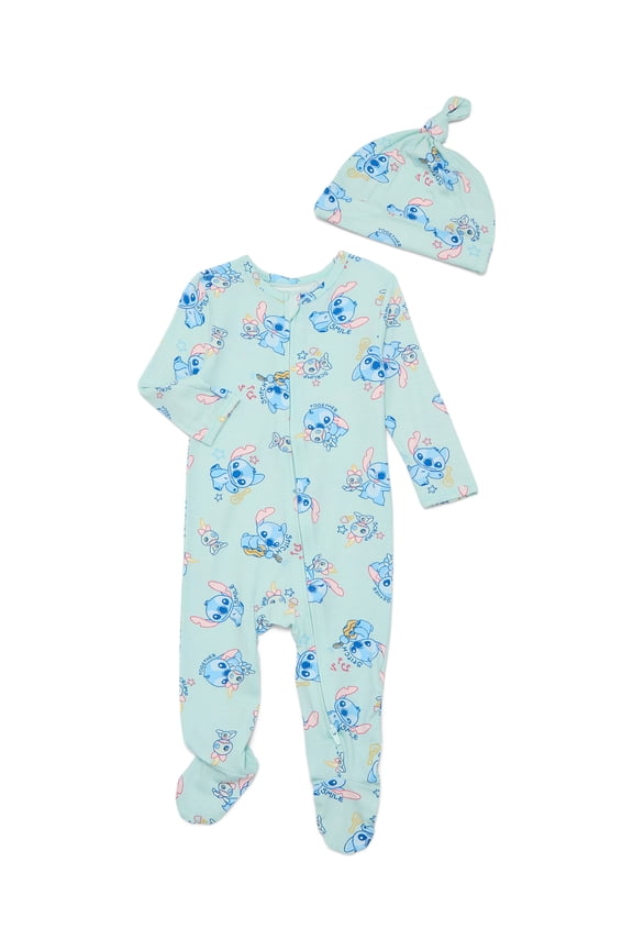 Disney Lilo and Stitch Baby Boys or Girls Viscose Sleep Footed One-Piece with Hat Set, 2-Piece, Sizes 0M–6/9M