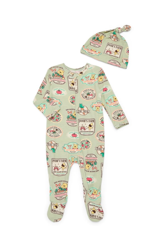 Winnie the Pooh Baby Boys or Girls Viscose Sleep Footed One-Piece with Hat Set, 2-Piece, Sizes 0M–6/9M