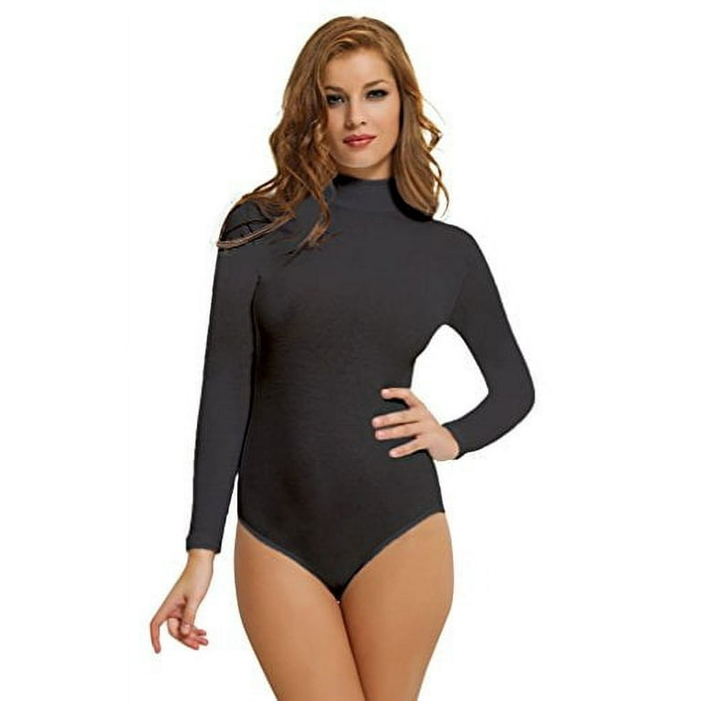 NBB Womens Basic Solid Long Sleeve Turtle Neck Cotton Bodysuit Lingerie, Size  Small 