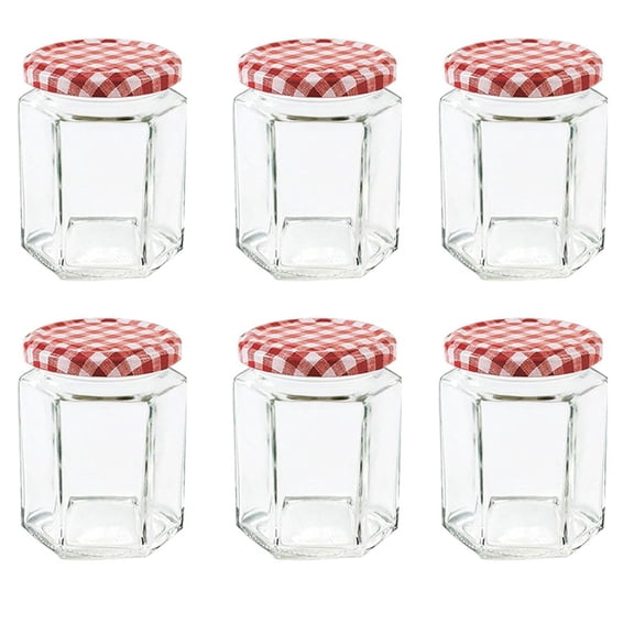 NBBENG Glass Jam Jars Glass Preserve Pots with Screw Top Red Gingham Lids, Hexagonal Storage Glass Jars | Clear Airtight Jar for Kitchen Spices Honey or Sweets (6)