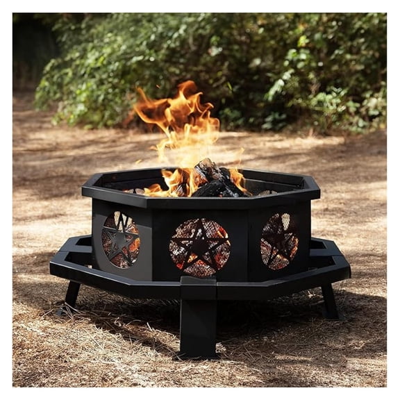NBBNHH 35 Inch Octagonal with Grill - Wood Burning Fireplace for Outdoor Camping, Backyard, Patio - Heavy Duty Steel Firepit for Heating & Cooking