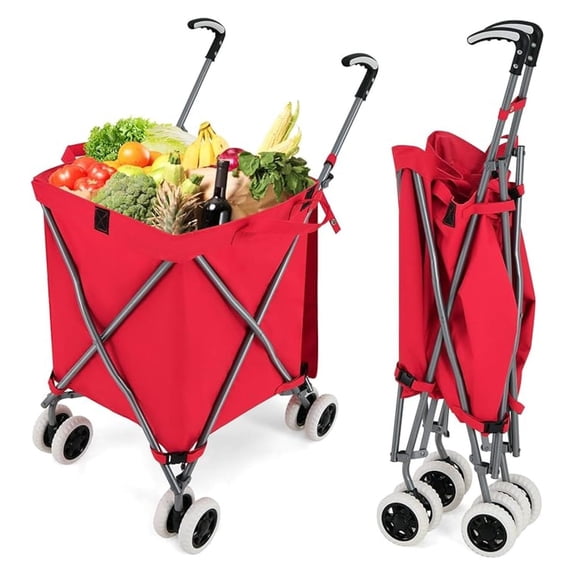 NBBNHH Folding Shopping Cart on Wheels, Waterproof Grocery Utility Cart with Cover, 90L Collapsible Laundry Cart, 120lbs Capacity, Red
