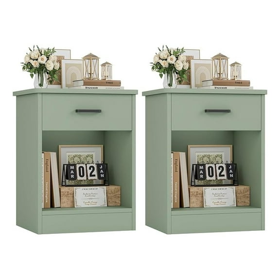 NBBNHH Nightstand Set of 2, Green Bedside Table with Drawer & Shelf, 2-Tier End Table, Modern Side Table for Bedroom, Home Office, Living Room