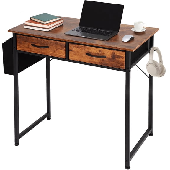 NBBNHH Small Home Office Computer Desk with Fabric Drawers, 31.5"/47.24" Width Compact Writing Desk for Small Spaces, White/Brown Modern Workstation