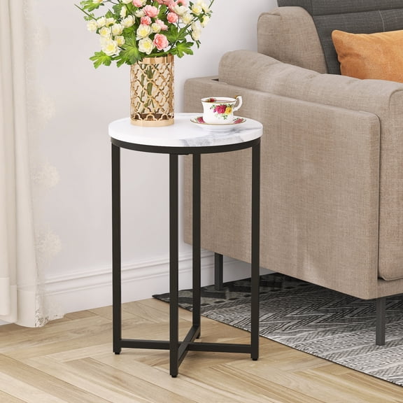 NBBOTBOT Modern End Table with Marble Finish & X-Shaped Metal Base Sturdy Side Table for Living Room, Bedroom