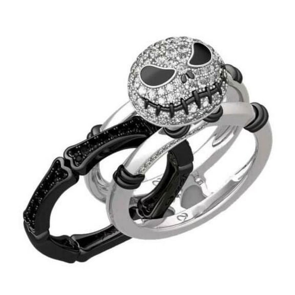 NBC Jack Skellington 3 Piece Rhinestone Silvertone Band Ring Set Size 10