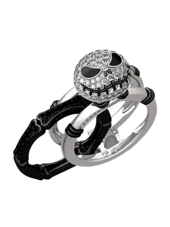 NBC Jack Skellington 3 Piece Rhinestone Silvertone Band Ring Set Size 6