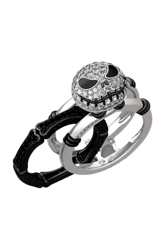 NBC Jack Skellington 3 Piece Rhinestone Silvertone Band Ring Set Size 6