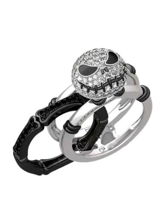 NBC Jack Skellington 3 Piece Rhinestone Silvertone Band Ring Set Size 9