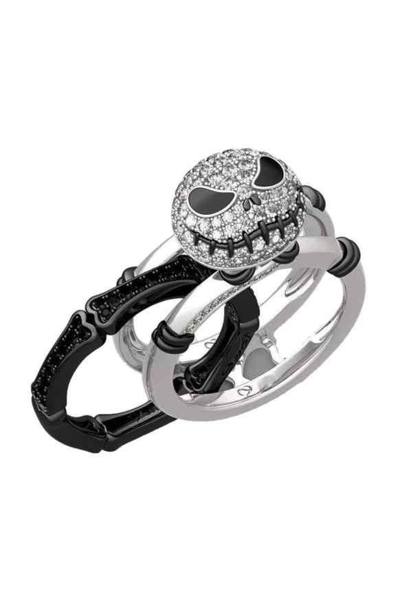 NBC Jack Skellington 3 Piece Rhinestone Stainless Steel Band Ring Set Size 10