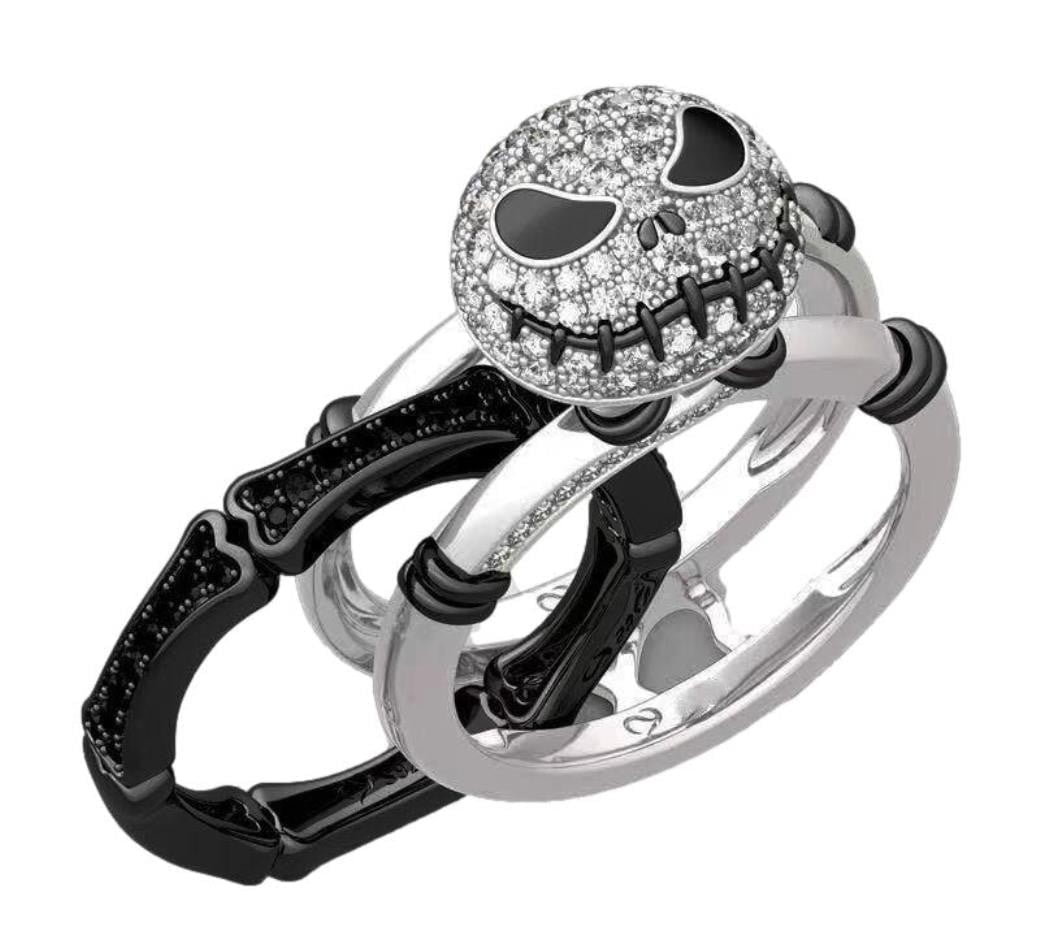 NBC Jack Skellington 3 Piece Rhinestone Stainless Steel Band Ring Set Size 7